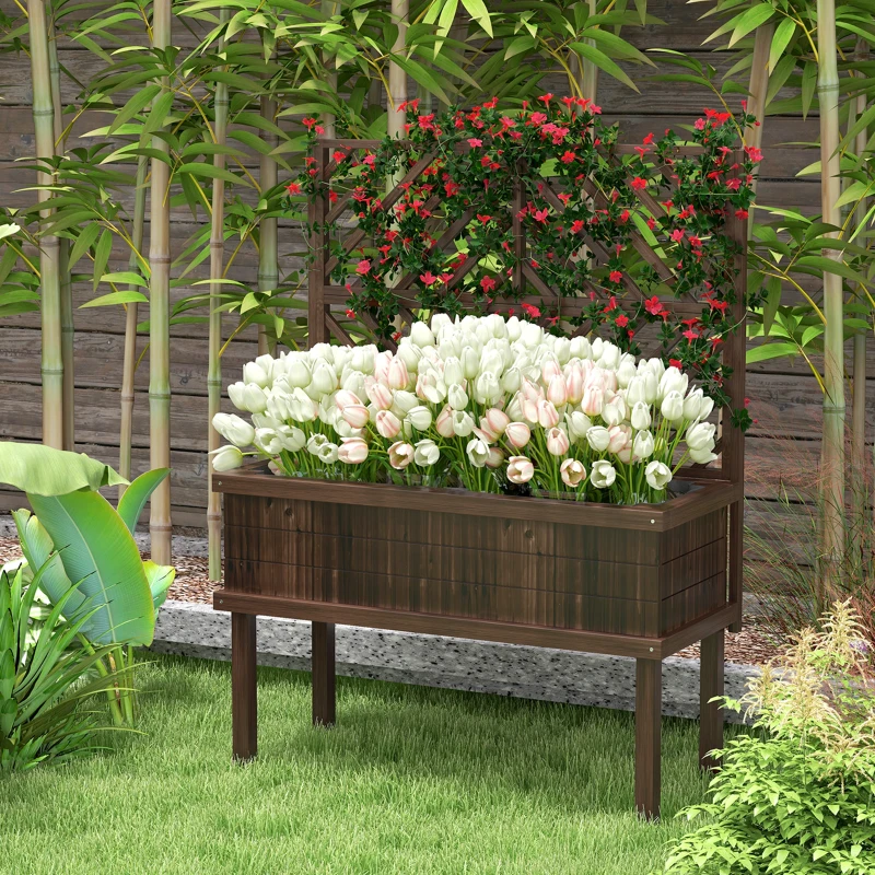 Outsunny Elevated Wood Planter with Trellis for Climbing Plants, Raised Garden Bed with Legs and Drainage Holes, Carbonized