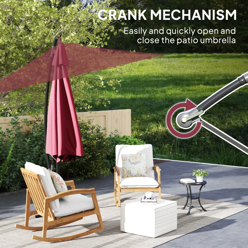 Outsunny 9.5' Cantilever Umbrella with Wind Protection Strap and Cover, Hanging Umbrella with Crank and Cross Base, UPF 50+, Red
