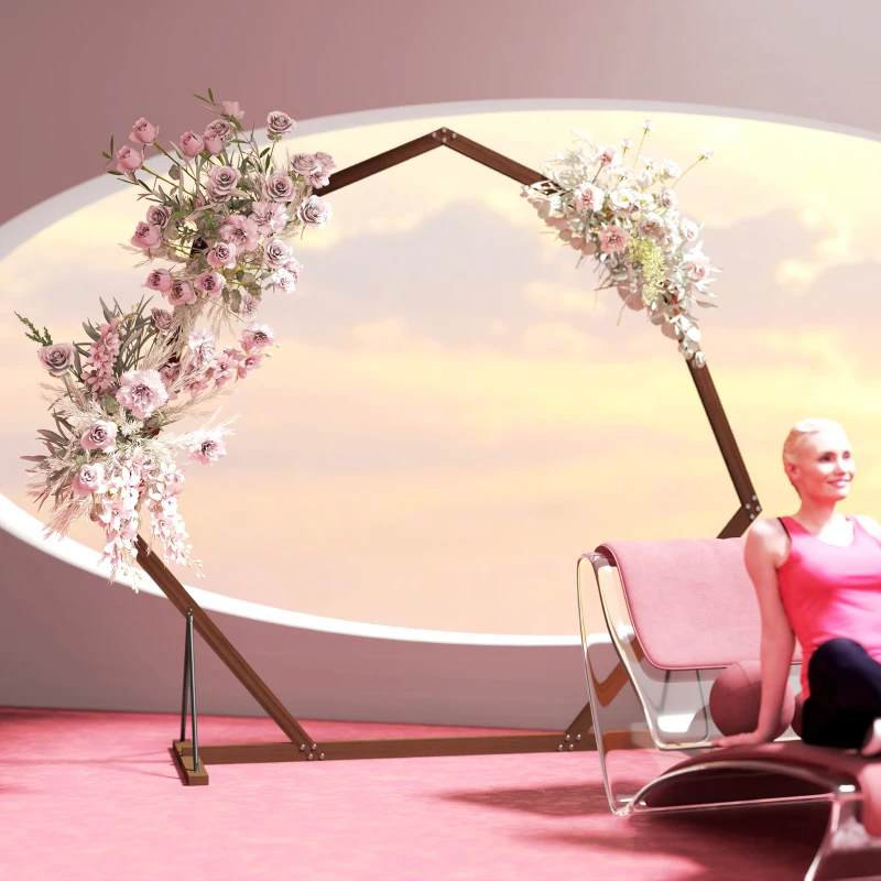 Outsunny 7FT Heptagon Wooden Wedding Arch with Triangular Base, Ground Stakes for Ceremony, Garden, Birthday, Brown