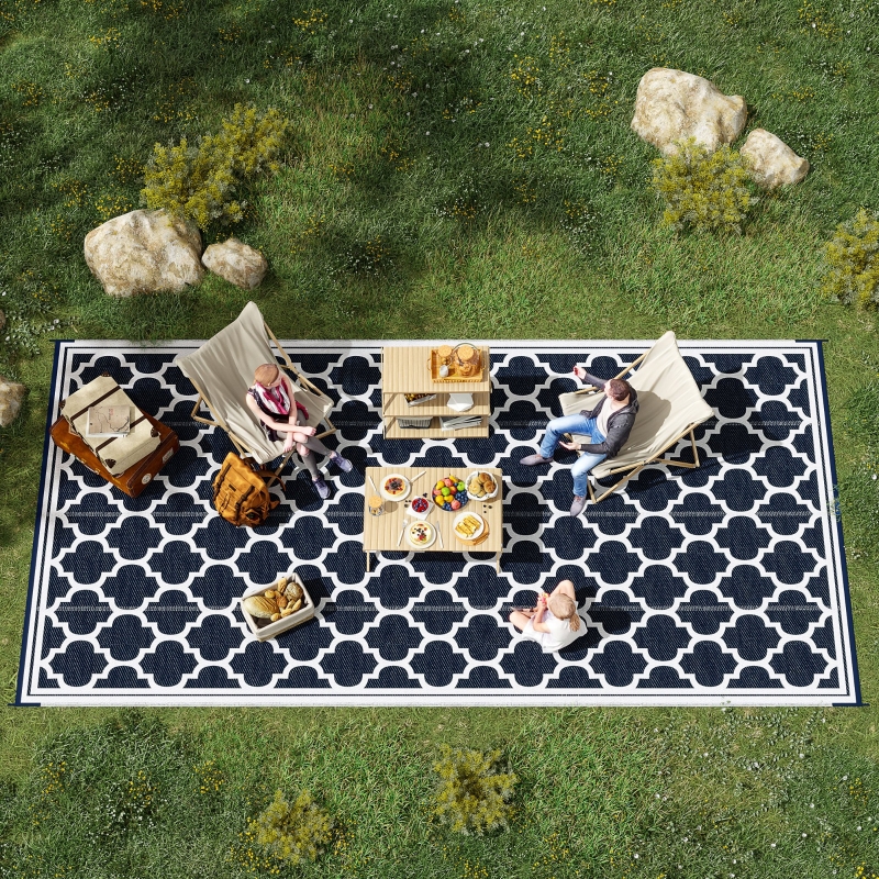 Outsunny Reversible Outdoor RV Rug, 9' x 18' Patio Floor Mat, Plastic Straw Rug for Backyard, Deck, Picnic, Beach, Camping, Dark Blue and White