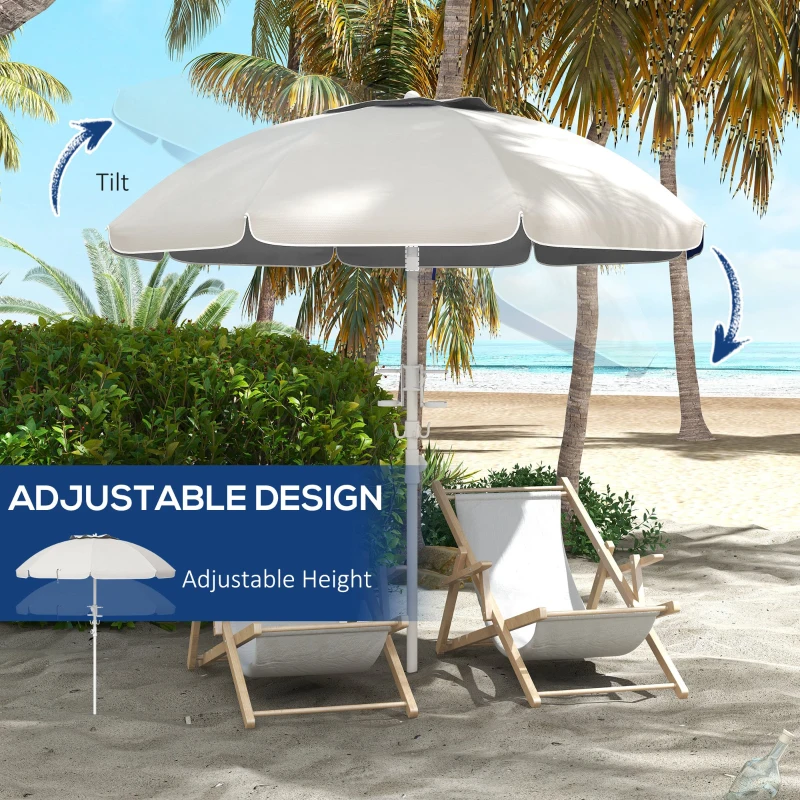 Outsunny 5.7' Beach Umbrella for Travel with Tilt, Adjustable Height, 2 Cup Holders, Hooks, Vent, Ruffles, Cream White