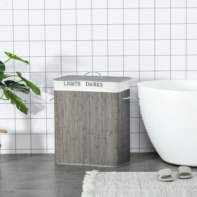 HOMCOM Bamboo Laundry Basket with Lid and String Handles, Collapsible Laundry Hamper with 2 Removable Bags, Gray