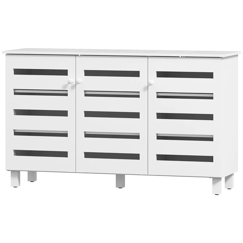 HOMCOM Shoe Cabinet with 3 Slatted Doors, 3-tier Shelving Rack Cabinet with Adjustable Shelves for 15 Pairs of Shoes, White