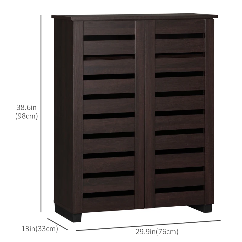 HOMCOM Narrow Shoe Cabinet with 2 Slatted Doors, Modern Shoe Storage Cabinet with Adjustable Shelves for Entryway, Hallway, Living Room, Holds 15 Pairs, Dark Brown