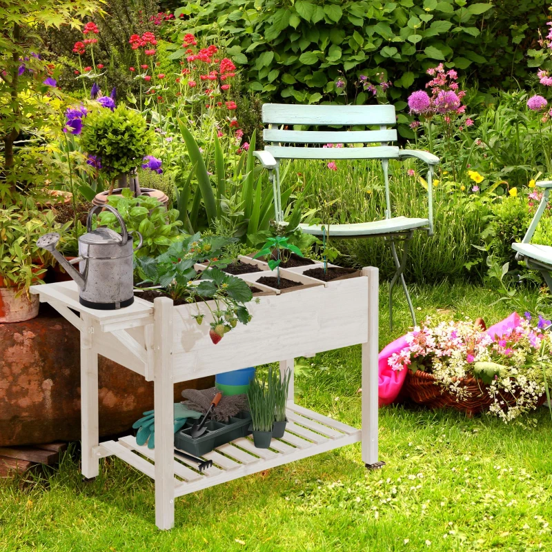 Outsunny Raised Garden Bed Planter Box w/ 8 Grow Grids, Storage Shelf & Lockable Wheels