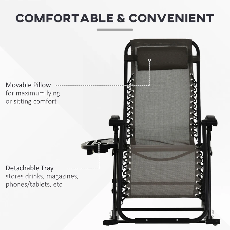 Outsunny 2 in 1 Adjustable Zero Gravity Reclining Lounge Chair Garden Recliner and Rocker Foldable Sun Lounger Napping Seat w/ Headrest & Tray Grey