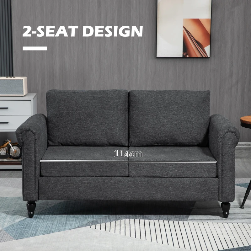 HOMCOM Vintage Loveseat, Upholstered Love Seat Furniture, Chenille-feel Fabric 2 Seater Sofa Couch with Rolled Arms, Gourd-Shaped Rubber Wood Legs for Living Room, Dark Grey