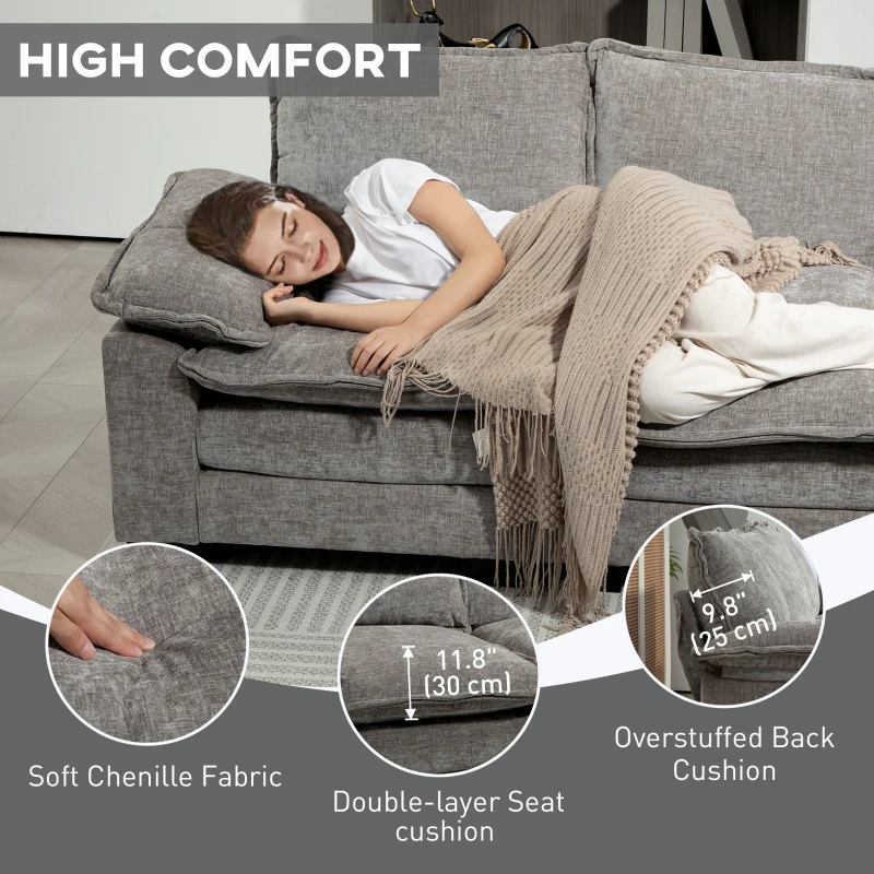 HOMCOM Sofa Couch with Chaise Lounge, Chenille L-shaped Couch with Double-layer Seat Cushion for Living Room, Grey