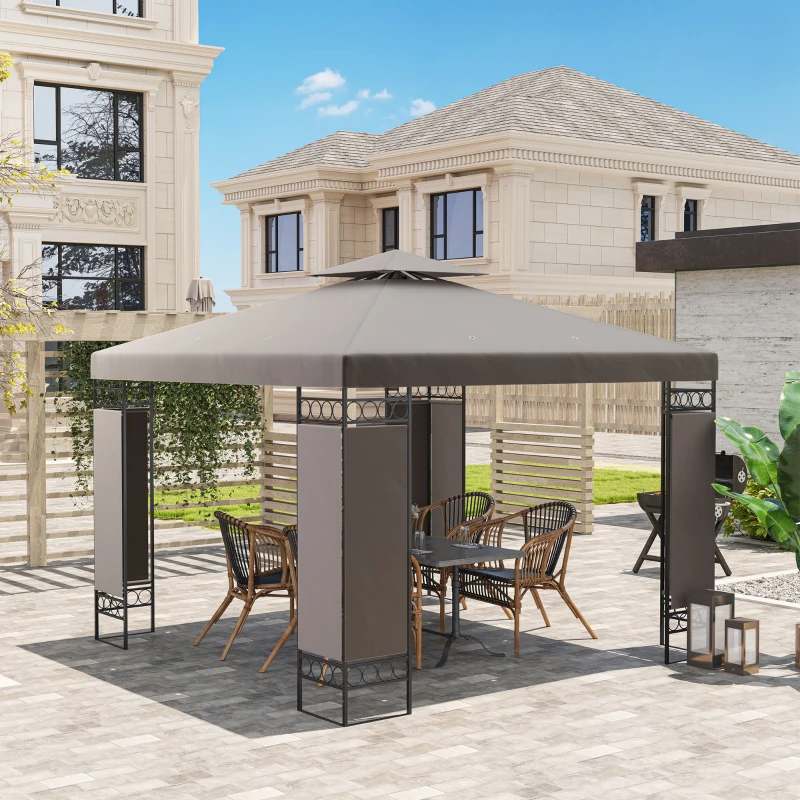 Outsunny 10 x 10 FT Canopy Gazebo, Double Roof Patio Gazebo with Screen Panels and Metal Frame for Deck, Backyard, Khaki