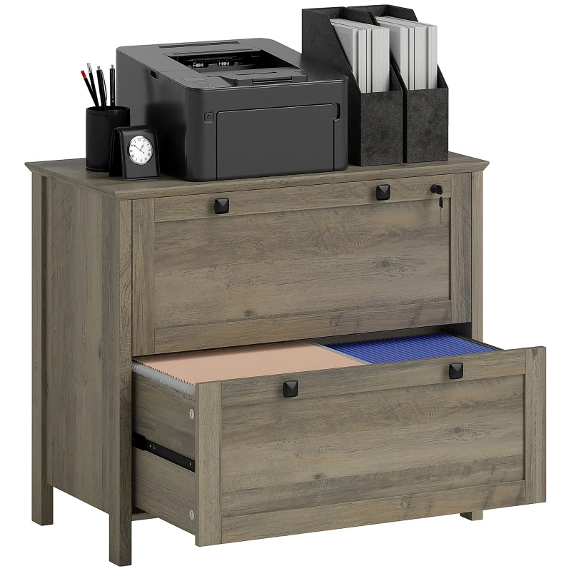 HOMCOM 2 Drawer File Cabinet, Lockable Filing Cabinet with Adjustable Hanging Bar for Letter, A4 Size, Weathered Grey Oak