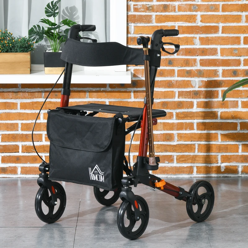 HOMCOM Rollator for Seniors with Seat, Back, Cane Holder, Aluminium Folding Rolling Walker with Adjustable Handle, Bag, Red