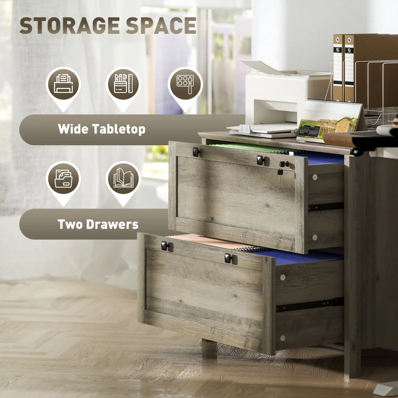 HOMCOM 2 Drawer File Cabinet, Lockable Filing Cabinet with Adjustable Hanging Bar for Letter, A4 Size, Weathered Grey Oak