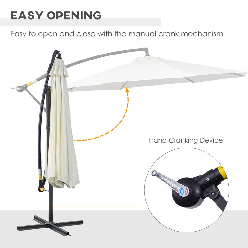 Outsunny 9.7ft Offset Patio UmbrellaCantilever Parasol with Crank Handle, 8 Ribs and Cross Base for Outdoor, Sun Shade, Cream