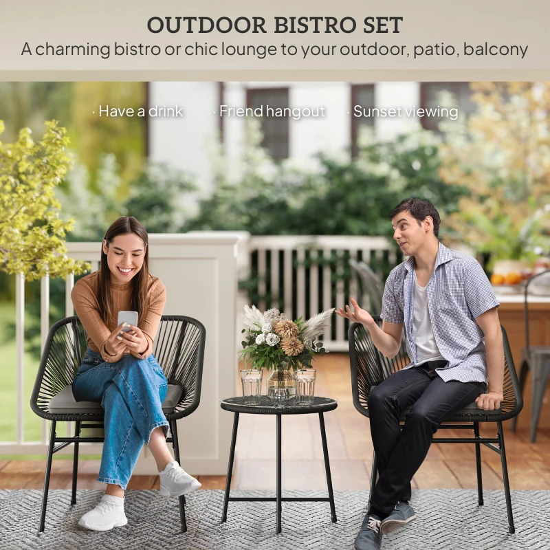 Outsunny 3 Piece Bistro Set, Wicker Outdoor Patio Furniture Set with Glass Top Table, Cushions for Balcony, Porch, Black