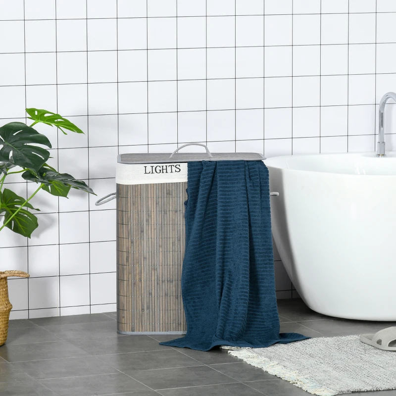 HOMCOM Bamboo Laundry Basket with Lid and String Handles, Collapsible Laundry Hamper with 2 Removable Bags, Gray