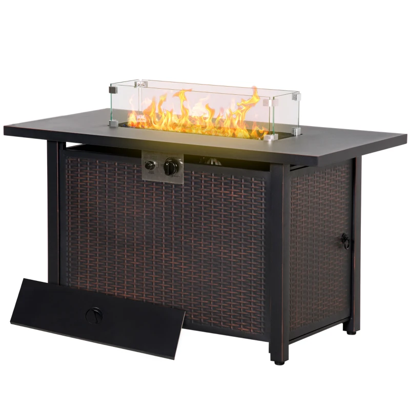 Outsunny 43 Inch Outdoor Propane Gas Fire Pit Table, 50,000 BTU Auto-Ignition Rectangular Wicker-effect Gas Firepit with Glass Wind Guard, Lid, Glass Beads, Steel Base, CSA Certification, Bronze