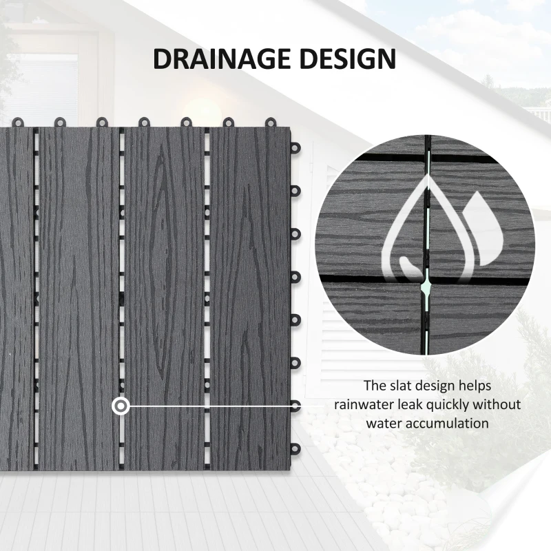 Outsunny WPC Interlocking Deck Tiles, 11 Pack 12" x 12" Outdoor Tiles, Tools Free Assembly, Waterproof and Non-slip Patio Flooring, Grey