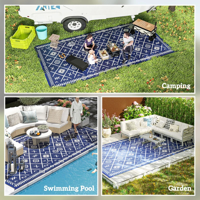 Outsunny Reversible Outdoor Rug, Waterproof Plastic Straw with Carry Bag, 9' x 18', Blue & White Rhombus