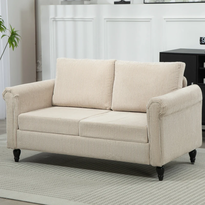 HOMCOM Vintage Loveseat, Upholstered Love Seat Furniture, Fabric 2 Seater Sofa with Rolled Arms, Rubber Wood Legs, Beige