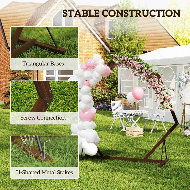 Outsunny 7FT Heptagon Wooden Wedding Arch with Triangular Base, Ground Stakes for Ceremony, Garden, Birthday, Brown