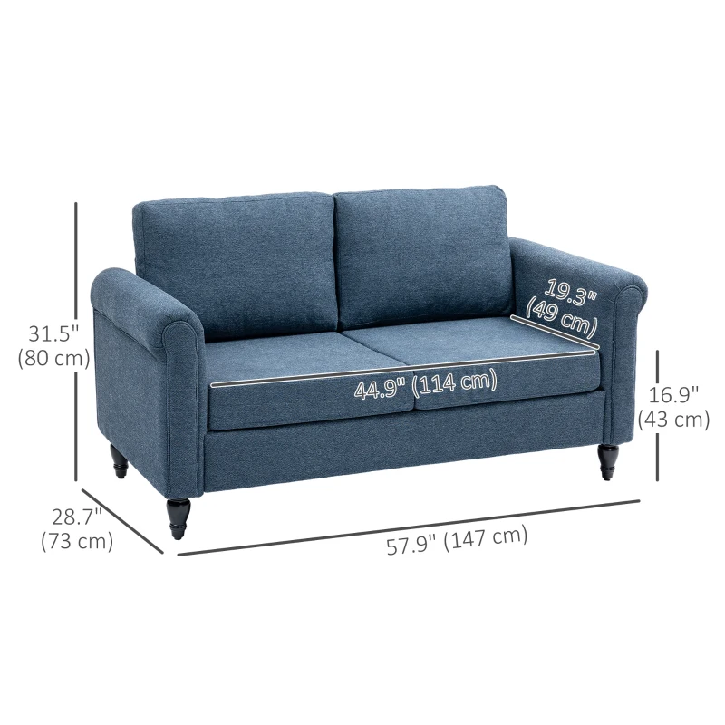 HOMCOM Vintage Loveseat, Upholstered Love Seat Furniture, Fabric 2 Seater Sofa with Rolled Arms, Rubber Wood Legs, Dark Blue
