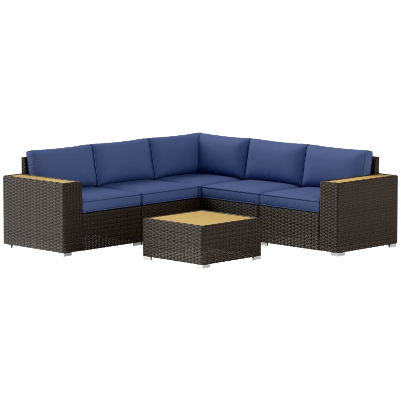 Outsunny 6 Pieces Outdoor Rattan Patio Furniture Set with Corner Sofa, Wood-Plastic Coffee Table, Navy Blue