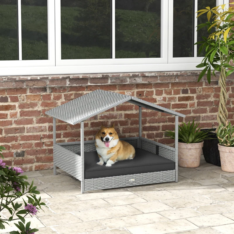PawHut Wicker Dog House Outdoor with Canopy, Rattan Dog Bed with Water-resistant Cushion, Raised Pet Bed for Small, Medium Breeds up to 66 lbs, 20" in Length, Silver Wicker, Gray Cushion