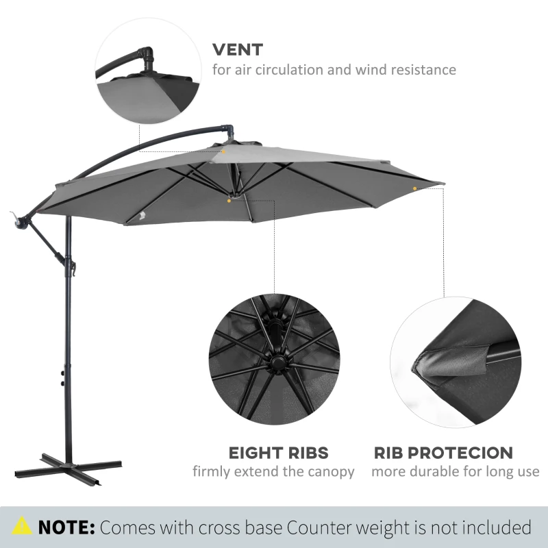 Outsunny 9.7ft Offset Patio UmbrellaCantilever Parasol with Crank Handle, 8 Ribs and Cross Base for Outdoor, Sun Shade, Cream