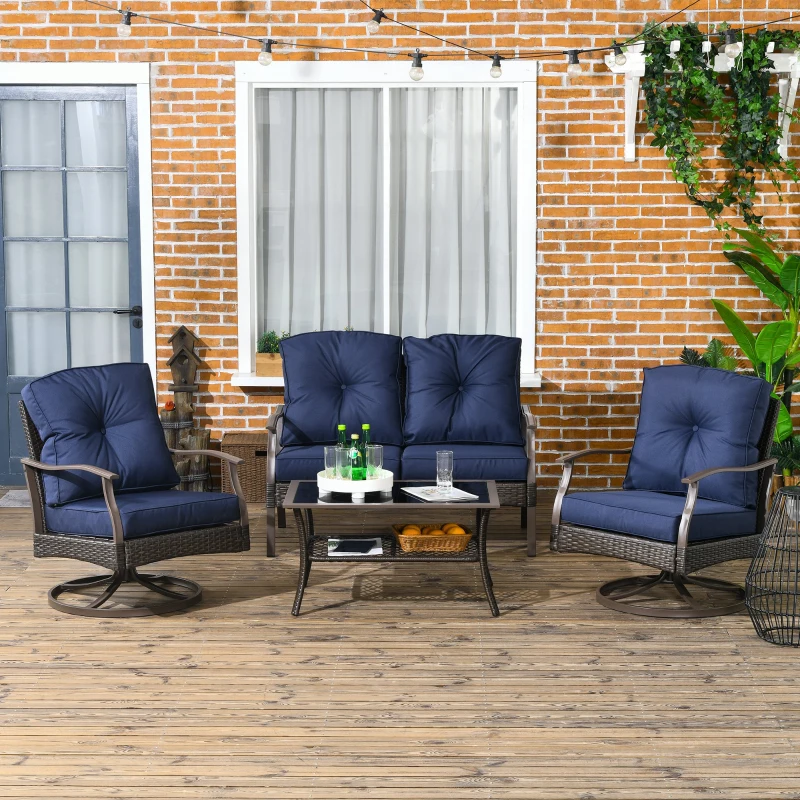 Outsunny 4 PCS Patio PE Rattan Wicker Sofa Set Outdoor Conversation Furniture w/ Two Tier Tea Table & Cushions, Navy Blue