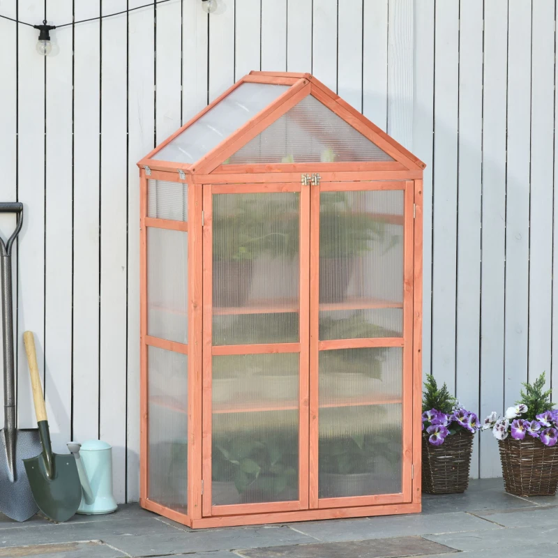 Outsunny 32" x 19" x 54" Garden Wood Cold Frame Greenhouse Flower Planter with Adjustable Shelves, Double Doors, Orange