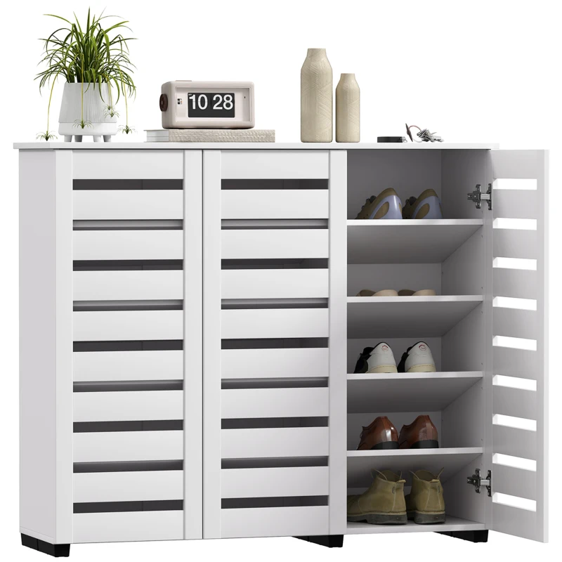 HOMCOM Narrow Shoe Cabinet with Slatted Doors, Adjustable Shelves for 20 Pairs of Shoes, Shoe Cabinet for Entryway, White