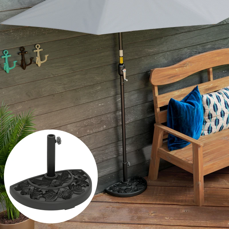 Outsunny 21 lbs Resin Half Umbrella Base, Concrete Half Umbrella Stand Outdoor Umbrella Base with Flower-Leaf Design, Patio Umbrella Stand for Outdoor Lawn Poolside, Black