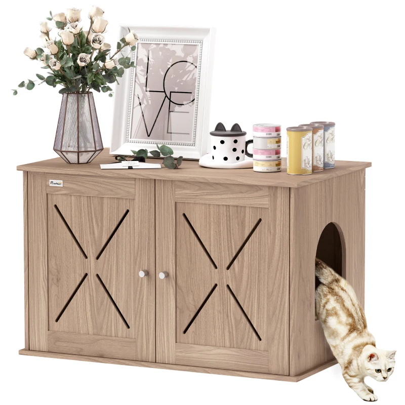 PawHut Hidden Cat Litter Box Enclosure with Ventilated Door, Cat Hole, Cat Washroom, Indoor Cat House, Walnut