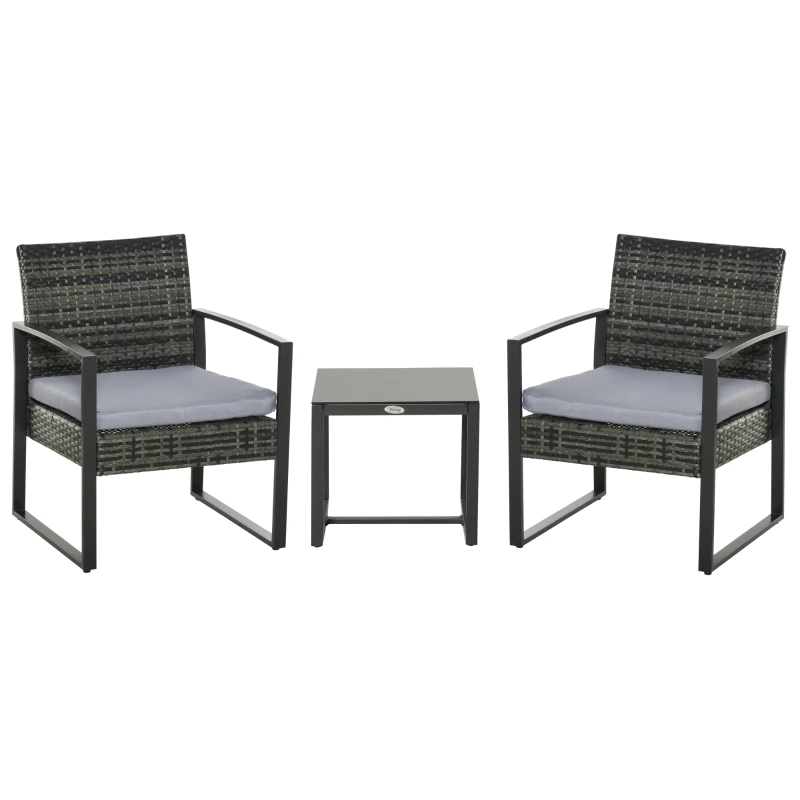 Outsunny 3 Pieces Wicker Patio Furniture Set, Rattan Bistro Set with Glass Top Coffee Table and Cushions, Outdoor Conversation Set for Garden, Porch, Balcony, Grey