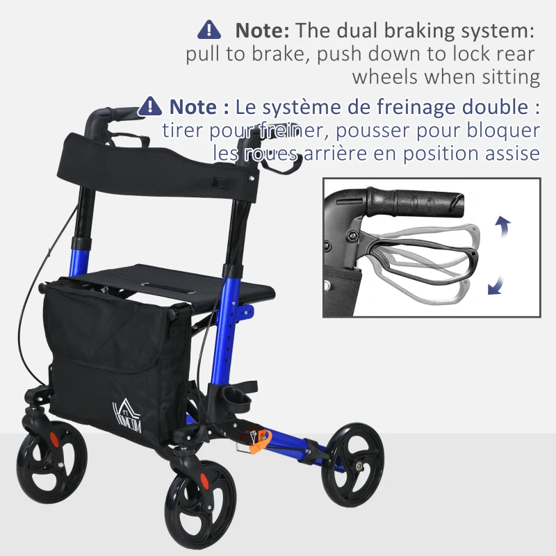 HOMCOM Rollator for Seniors with Seat, Back, Cane Holder, Aluminium Folding Rolling Walker with Adjustable Handle, Bag, Blue
