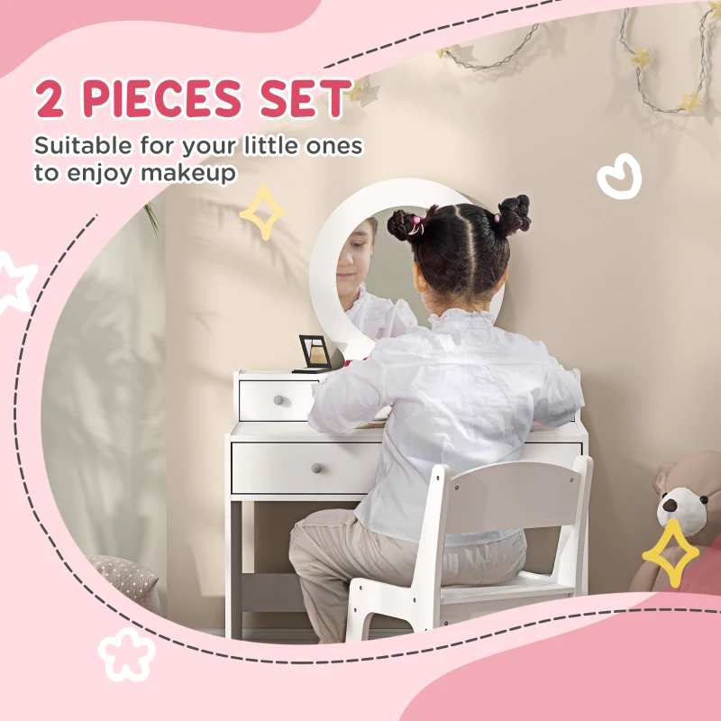 Qaba Kids Vanity Set, Children Makeup Table with Mirror, Stool and Storage Drawers, for Ages 3-8, White