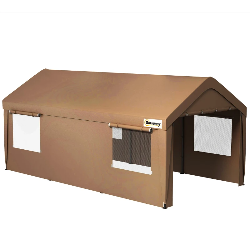 Outsunny 10' x 20' Carport, Heavy Duty Portable Garage, with 4 Mesh Windows and 2 Doors, Tan