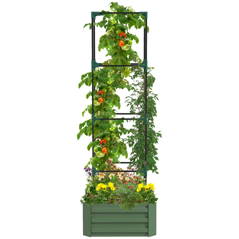 Outsunny Galvanized Planter Box, Outdoor Raised Garden Bed with 4-Tier Trellis Tomato Cage for Climbing Vines, Vegetables, Green