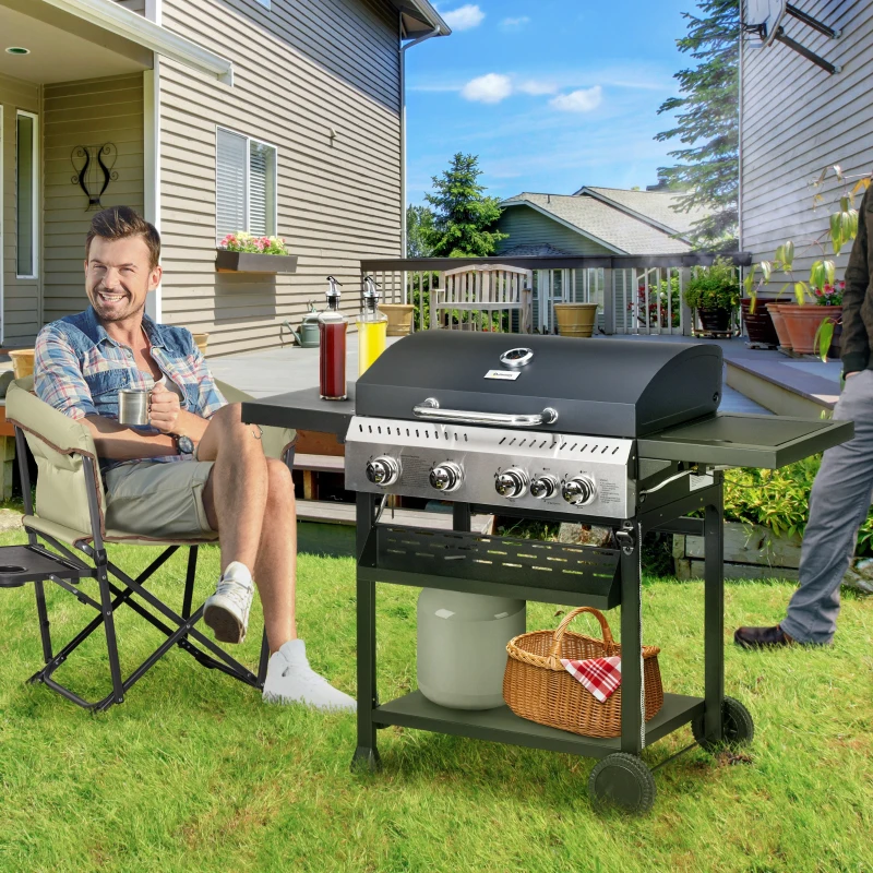 Outsunny 4 Burner Propane Gas Grill with Side Burner, 40,000 BTU Outdoor Barbeque with Shelves, Thermometer, Bottle Opener, Black