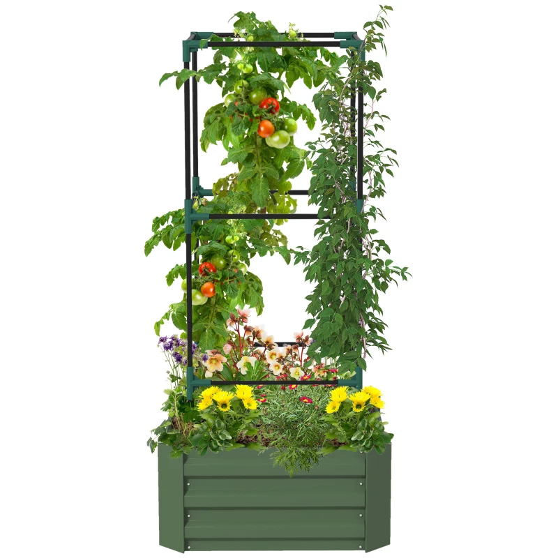 Outsunny Galvanized Planter Box, Outdoor Raised Garden Bed with 3-Tier Trellis Tomato Cage for Climbing Vines, Vegetables, Green