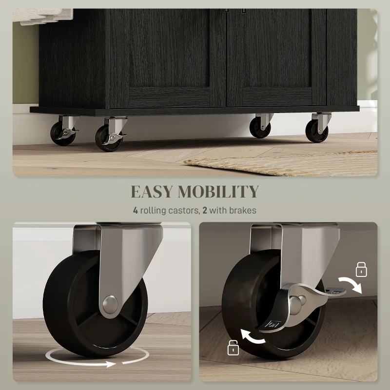 HOMCOM Rolling Island with Wheels for Kitchen, Kitchen Island on Rollers with Power Outlets, Drawer, and Doors, Black