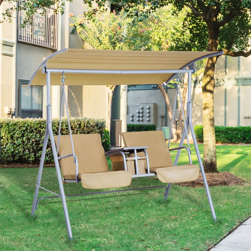 Outsunny 2-Seater Outdoor Porch Swing with Canopy and Table, Patio Swing Chair for Garden, Poolside, Backyard, Beige