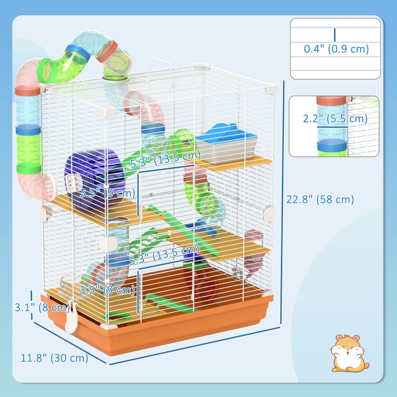 PawHut 5 Tiers Hamster Cage Portable with Exercise Wheels Play Tube Water Bottle Dishes House Ladder for Gerbils, Orange