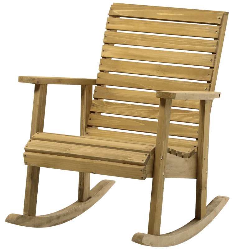 Outsunny Wooden Outdoor Rocking Chair, Patio Traditional Rocking Chair, Slatted Structure Porch Rocker w/ Armrest for Both Outdoor and Indoor, Light Brown