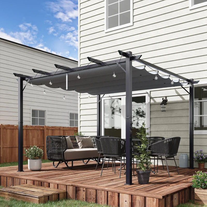 Outsunny 10' x 10' Outdoor Retractable Pergola Canopy, Aluminum Patio Pergola, Backyard Shade Shelter for Garden & Parties, Gray