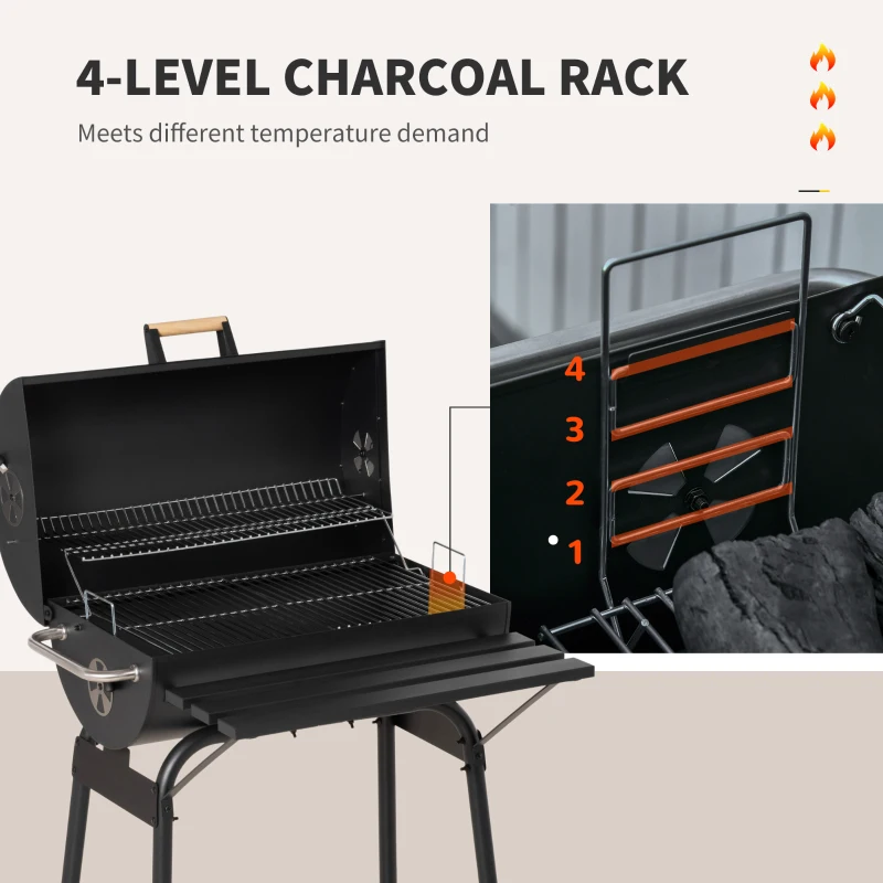Outsunny 30" Charcoal Barbecue Grill with Wheels Outdoor Barbecue with Adjustable Charcoal Rack, Storage Shelf, Wheel, for Garden Camping Picnic