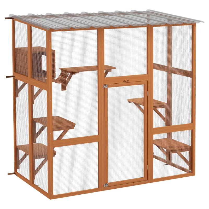 PawHut Outdoor Cat Enclosure Window Box with Weatherproof Roof, Bridge, Resting Box, Platforms, for 2 Kittens, Orange