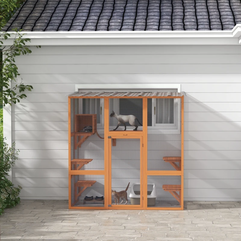 PawHut Outdoor Cat Enclosure Window Box with Weatherproof Roof, Bridge, Resting Box, Platforms, for 2 Kittens, Orange