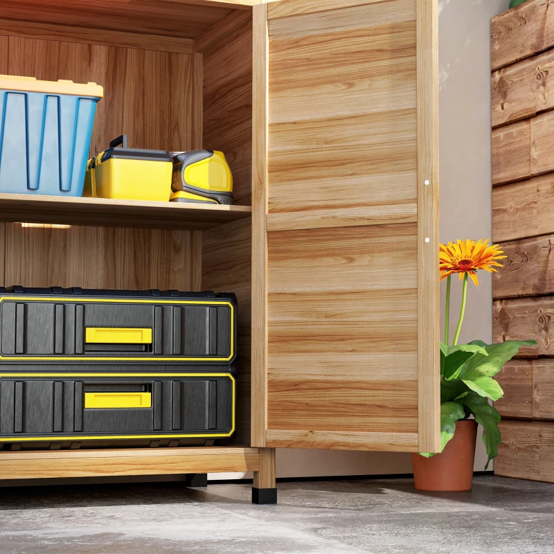 Outsunny Wooden Storage Cabinet, Outdoor Prep Table w/ Metal Tabletop, Shelves and Double Doors for Patio, Garden, Natural Wood