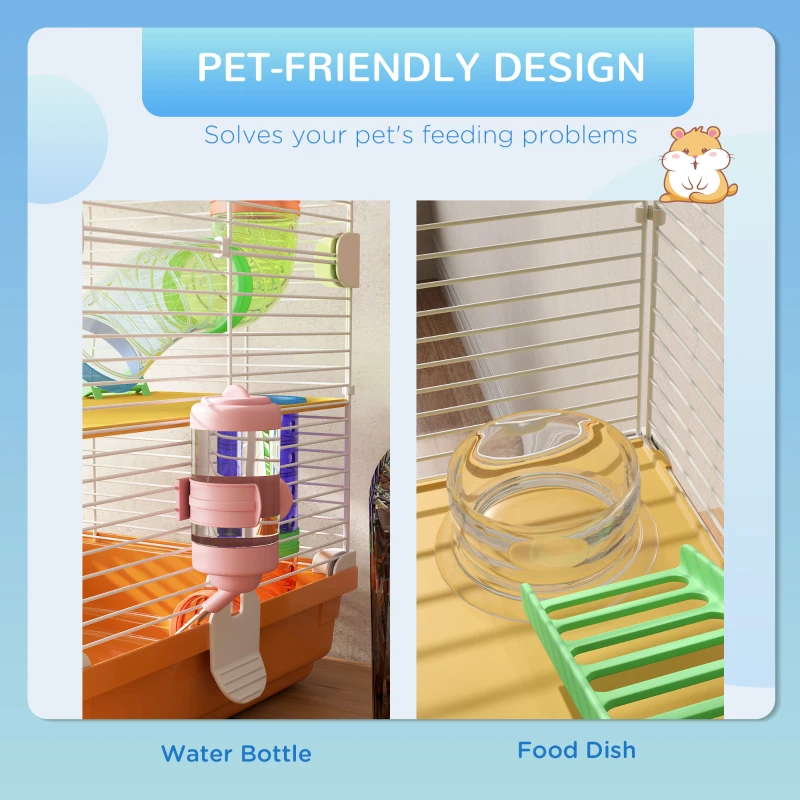 PawHut 5 Tiers Hamster Cage Portable with Exercise Wheels Play Tube Water Bottle Dishes House Ladder for Gerbils, Orange